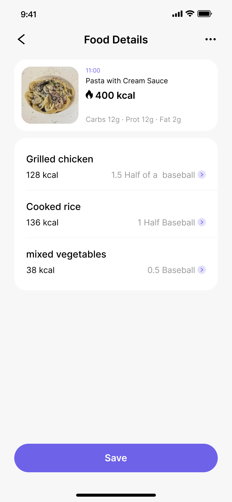 Calite app showing nutrition info